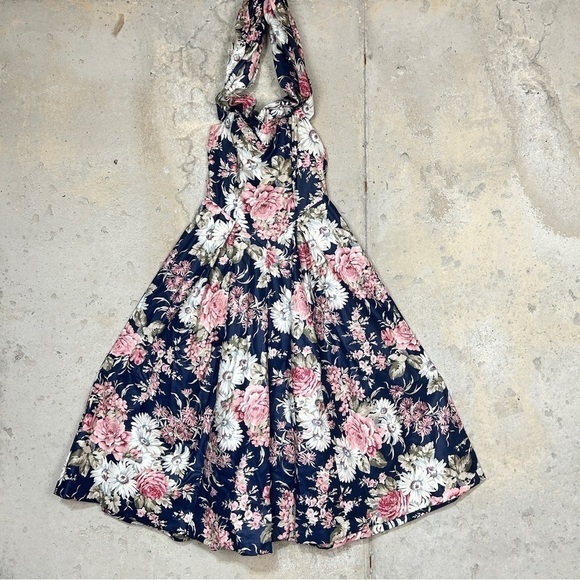 Vintage 80s laura Ashley navy pink cream cottage core floral halter dress 6 - Picture 12 of 13